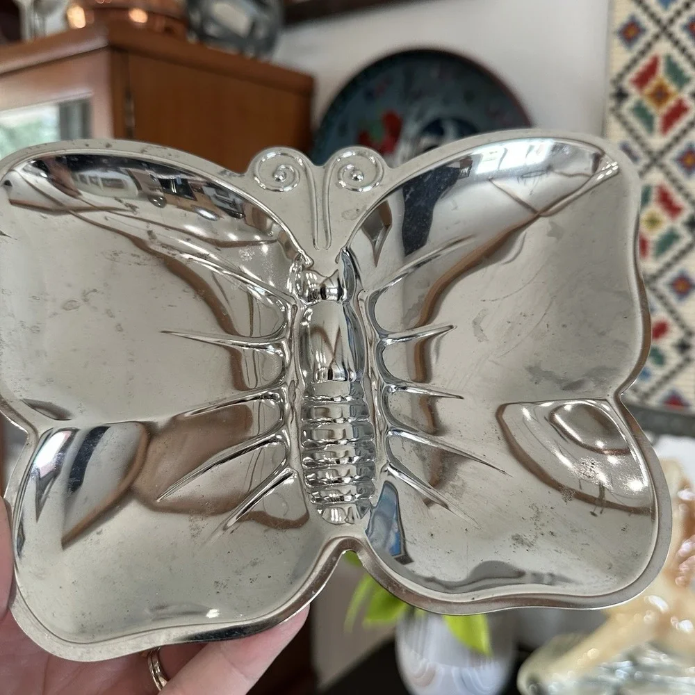 VTG Silver Tone Butterfly Trinket Jewelry Candy Nut Tray Dish Retro MCM Decor 7